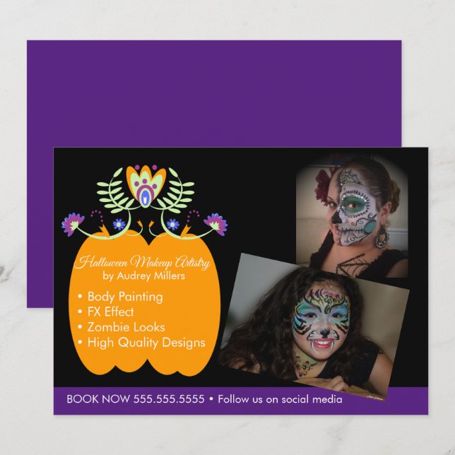 Cartes Pour Fêtes Annuelles Halloween Maquillage Artiste Réservation (Devant / Derrière)