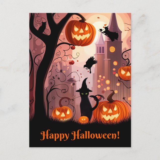 Cartes Pour Fêtes Annuelles Halloween mignon chatte Whimsical Citrouilles sorc (Devant)
