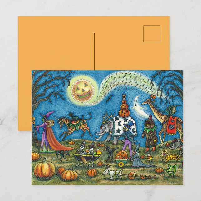Cartes Pour Fêtes Annuelles HALLOWEEN PARADE Sorcière Giraffe Ours Zèbre (Devant / Derrière)