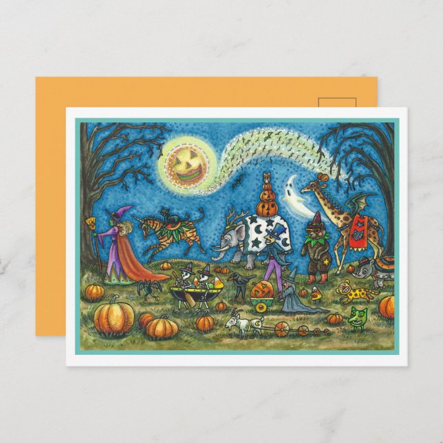 Cartes Pour Fêtes Annuelles HALLOWEEN PARADE Sorcière Giraffe Ours Zèbre (Devant / Derrière)