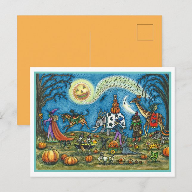Cartes Pour Fêtes Annuelles HALLOWEEN PARADE Sorcière Giraffe Ours Zèbre (Devant / Derrière)