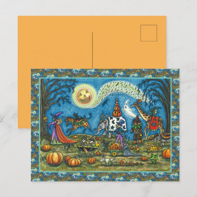 Cartes Pour Fêtes Annuelles HALLOWEEN PARADE Sorcière Giraffe Ours Zèbre (Devant / Derrière)