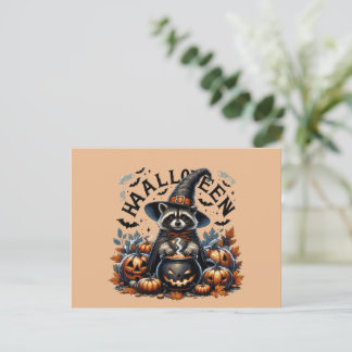 Cartes Pour Fêtes Annuelles Halloween Raccoon Witch with Pumpkin Cauldron