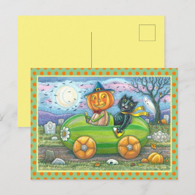 CARTES POUR FÊTES ANNUELLES HALLOWEEN ROAD TRIP, JACK ET CHAT NOIR AMIS (Devant / Derrière)