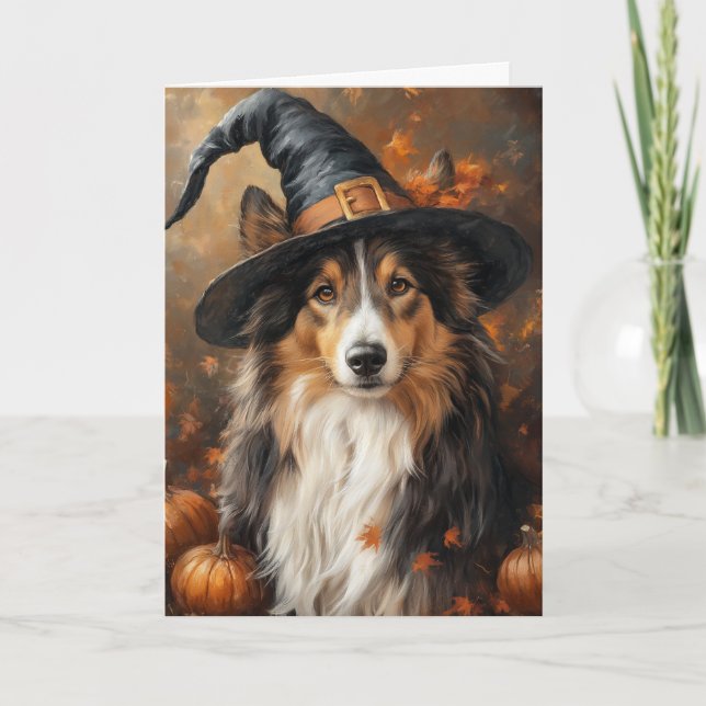 Cartes Pour Fêtes Annuelles Halloween sorcière Sheltie (Devant)