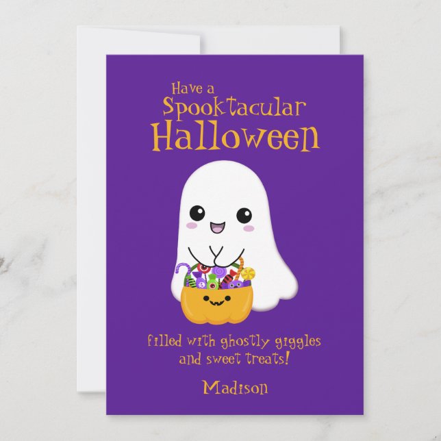 Cartes Pour Fêtes Annuelles Halloween Spooktaculaire mignon Fantôme pourpre (Devant)