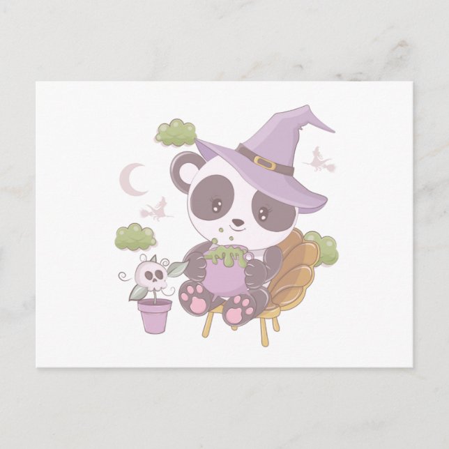Cartes Pour Fêtes Annuelles Halloween super mignonne Panda sorcière et croissa (Devant)