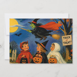 Cartes Pour Fêtes Annuelles Halloween vintage avec des enfants et une sorcière