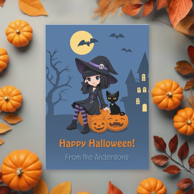 Cartes Pour Fêtes Annuelles Halloween Witch, Black Cat, Curved Pumpkins Family (Créateur téléchargé)