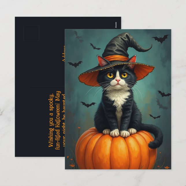 Cartes Pour Fêtes Annuelles Halloween Witch Tuxedo Chat Sur Un Citrouille (Devant / Derrière)