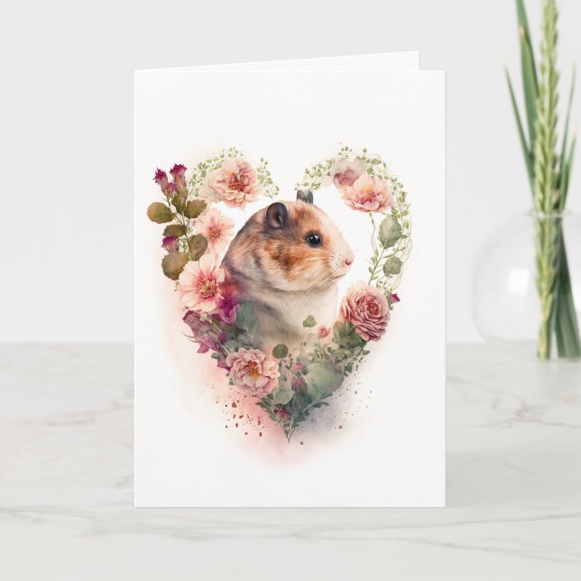 Cartes Pour Fêtes Annuelles Hamster sucré aux fleurs roses Saint-Valentin (Devant)