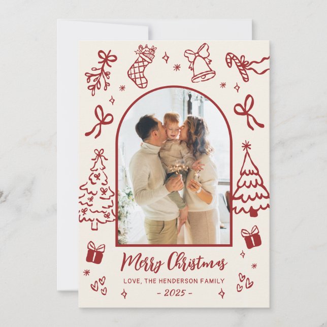 Cartes Pour Fêtes Annuelles Hand-Drawn Arch Photo Red Beige Merry Christmas  (Devant)