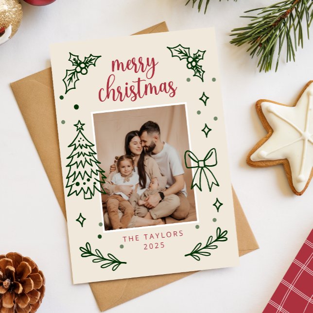 Cartes Pour Fêtes Annuelles Hand Drawn Bow Minimalist Family Christmas Photo (Créateur téléchargé)