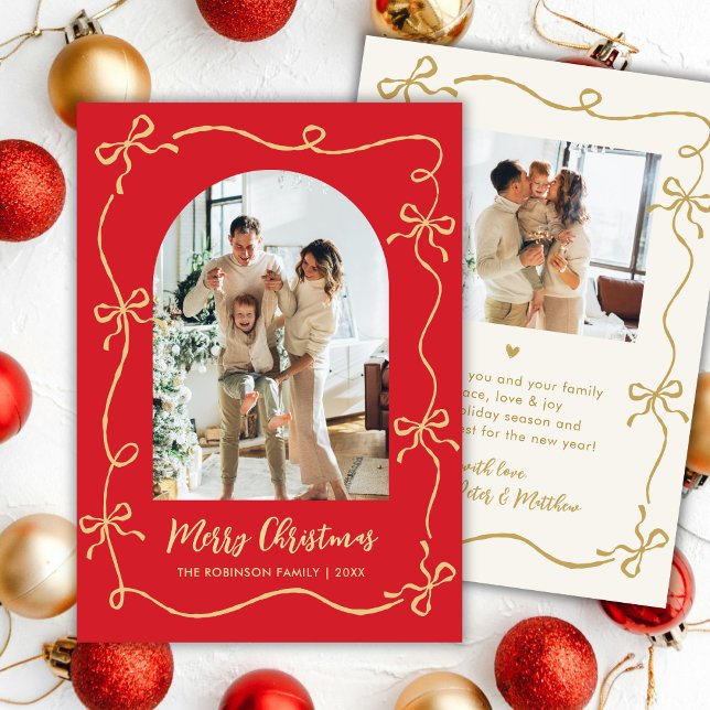 Cartes Pour Fêtes Annuelles Hand Drawn Bows Arch 2 Photo Merry Christmas Red (Créateur téléchargé)