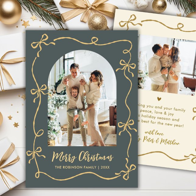 Cartes Pour Fêtes Annuelles Hand Drawn Bows Arch Photo Merry Christmas Green  (Créateur téléchargé)