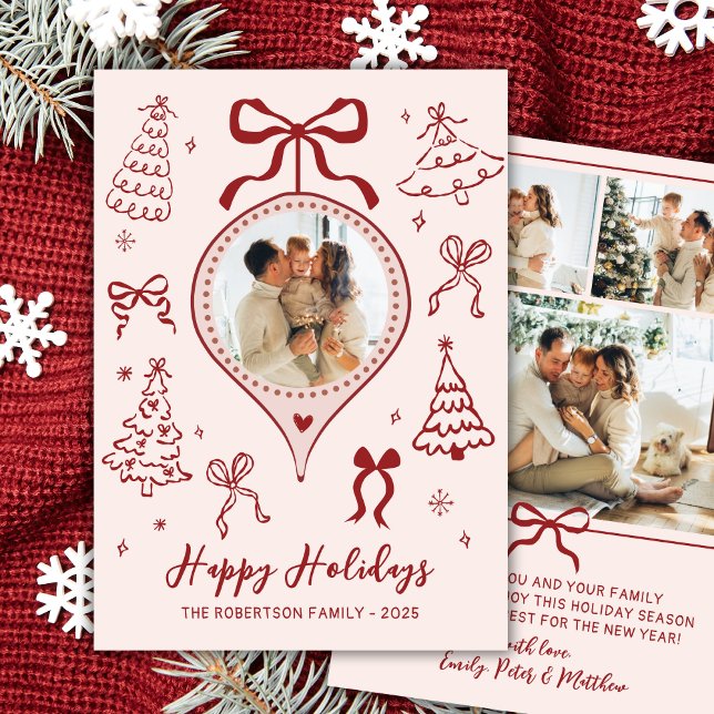 Cartes Pour Fêtes Annuelles Hand-Drawn Bows Pink Red Photo Christmas Happy  (Créateur téléchargé)