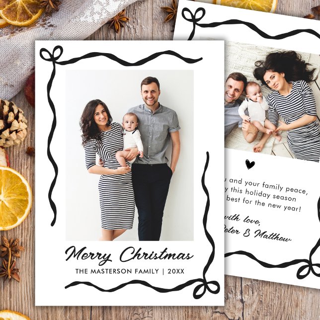 Cartes Pour Fêtes Annuelles Hand Drawn Coquette Bow 2 Photo Merry Christmas  (Créateur téléchargé)