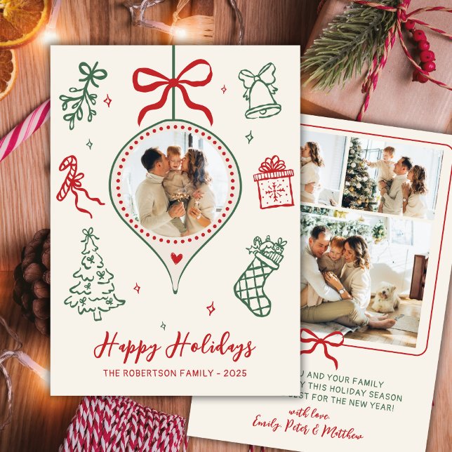 Cartes Pour Fêtes Annuelles Hand-Drawn Doodle Green Red Photo Christmas Happy (Créateur téléchargé)