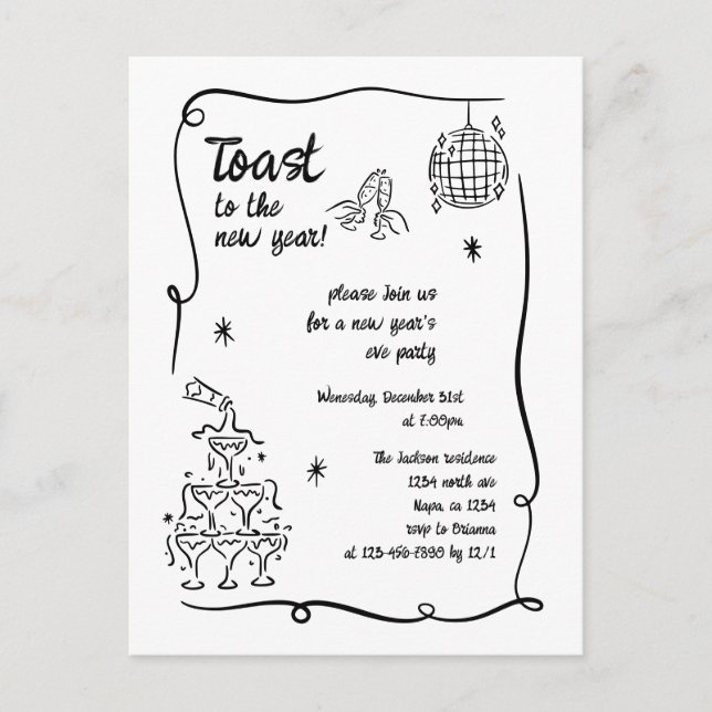 Cartes Pour Fêtes Annuelles Hand Drawn Illustrated New Years Eve Party (Devant)