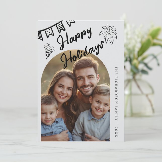 Cartes Pour Fêtes Annuelles Hand Drawn Modern Happy Holidays Arch Photo (Debout devant)