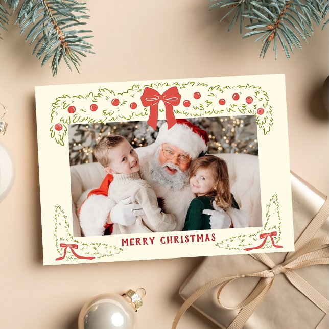 Cartes Pour Fêtes Annuelles Hand Drawn Red Green Bow Christmas Holiday Card (Créateur téléchargé)