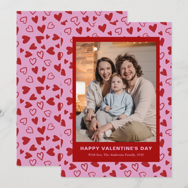 Cartes Pour Fêtes Annuelles Hand Drawn Red Pink Hearts Photo Valentines Day (Devant / Derrière)