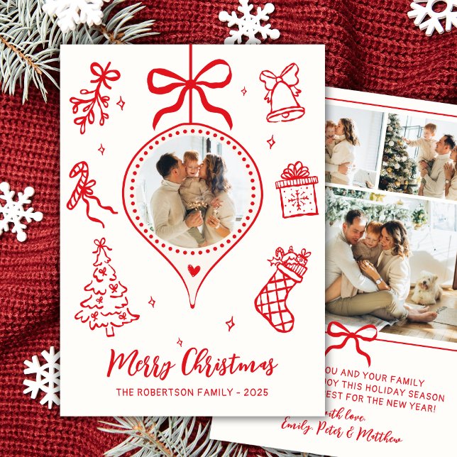 Cartes Pour Fêtes Annuelles Hand-Drawn Red White Doodle Photo Merry Christmas (Créateur téléchargé)