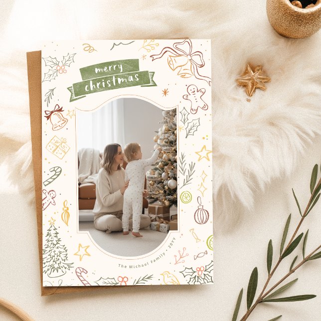 Cartes Pour Fêtes Annuelles Hand Drawn Scribble Family Kid Photo Christmas (Créateur téléchargé)