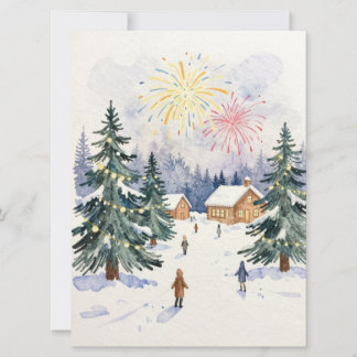 Cartes Pour Fêtes Annuelles Hand-Drawn Watercolor Winter Village Celebration 