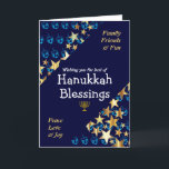 Cartes Pour Fêtes Annuelles HANOUKKA BÉNÉFICIE Des Étoiles De Dreidel Menorah<br><div class="desc">Élégante CARTE DE SALUBRITÉ bleue et or pour souhaiter à votre famille et à vos amis une Hanoukka heureuse, qui dit SOUHAITER LE MEILLEUR DES BÉNÉFICES HANOUKKA en typographie blanche avec FAMILLE, AMIS & FUN et PAIX, LOVE & JOY dans la typographie bleu cyan dans les coins. Il est placé...</div>