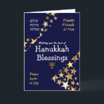 Cartes Pour Fêtes Annuelles HANOUKKA BÉNÉFICIE Peace Love Joy Stars HEBREW<br><div class="desc">Hanoukka GREETING CARD élégant bleu et or pour souhaiter à votre famille et à vos amis une Hanoukka heureuse, qui dit VOUS SOUHAITER LE MEILLEUR DES BÉNÉFICES HANOUKKA en typographie blanche avec FAMILLE, AMIS & FUN et PAIX, LOVE & JOY en typographie couleur or dans les coins. PEACE, LOVE, JOY...</div>