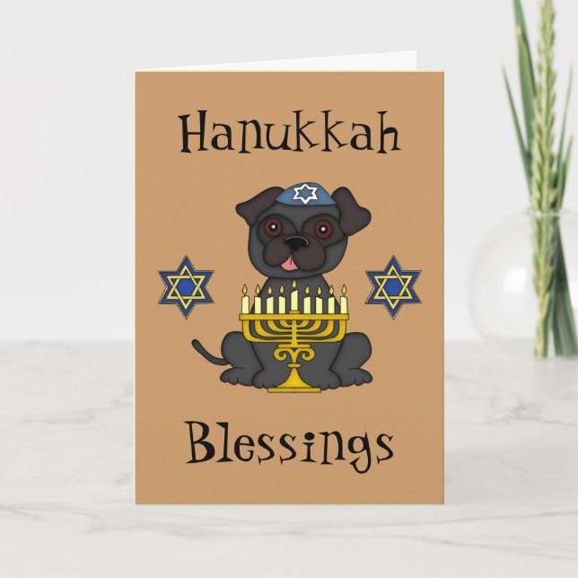 Cartes Pour Fêtes Annuelles Hanoukka Blessings-Cute Carlin avec Menorah (Devant)