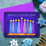 Cartes Pour Fêtes Annuelles Hanoukka Blue Boho Motif bougie Peace Love Light<br><div class="desc">"Paix, amour et lumière." Une illustration ludique, moderne et artistique de bougies motifs de saumons dans une menorah vous aide à inaugurer les vacances de Hanoukka. Des bougies bleues assorties de motifs de fausse feuille colorés recouvrent un arrière - plan riche et de texture bleue profonde. Faux feuille motif violet...</div>