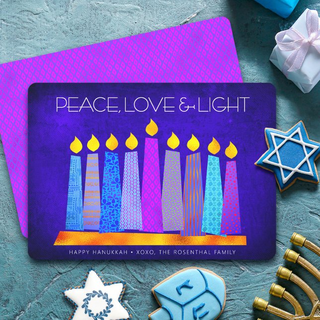 Cartes Pour Fêtes Annuelles Hanoukka Blue Boho Motif bougie Peace Love Light (Créateur téléchargé)
