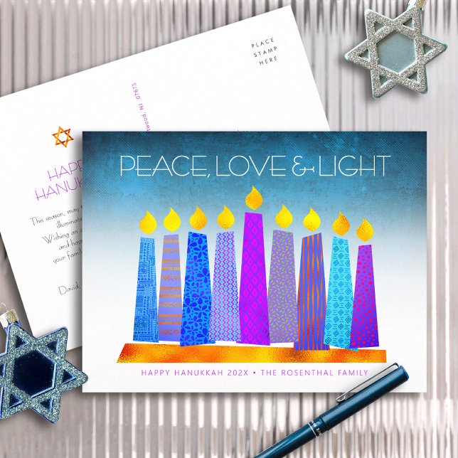 Cartes Pour Fêtes Annuelles Hanoukka Boho bougies Turquoise Peace Love Light (Créateur téléchargé)