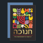 Cartes Pour Fêtes Annuelles Hanoukka Chanukah Menorah Etoiles juives Dreidel<br><div class="desc">Hanoukka / Chanukah Colorful Modern Geometry Motif Card avec Faux Gold Foil. Menorah, Dreidel, Donuts, Stars & Huile d'olive... Ils sont tous ici. Symboles d'Hanoukka hébreu et juif Espace pour ajouter votre texte personnalisé à l'avant et à l'arrière. Heureux souhaits d'Hanoukka. L'hébreu sur le devant dit "Chanukah". Cette belle, élégante,...</div>