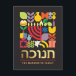 Cartes Pour Fêtes Annuelles Hanoukka Chanukah Menorah Etoiles juives Dreidel<br><div class="desc">Hanoukka / Chanukah Colorful Modern Geometry Motif Card avec Faux Gold Foil. Menorah, Dreidel, Donuts, Stars & Huile d'olive... Ils sont tous ici. Symboles d'Hanoukka hébreu et juif Espace pour ajouter votre texte personnalisé. Heureux souhaits d'Hanoukka. L'hébreu sur le devant dit "Chanukah". Cette belle, élégante, belle, look, est une excellente...</div>