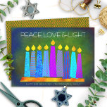 Cartes Pour Fêtes Annuelles Hanoukka Chic Boho bougies Paix Amour Vert clair<br><div class="desc">"Paix, amour et lumière." Une illustration ludique, moderne et artistique de bougies motifs de saumons dans une menorah vous aide à inaugurer les vacances de Hanoukka. Des bougies bleues assorties de motifs de fausse feuille colorés recouvrent un arrière - plan texturé vert profond et riche. Faux en cuivre feuille de...</div>