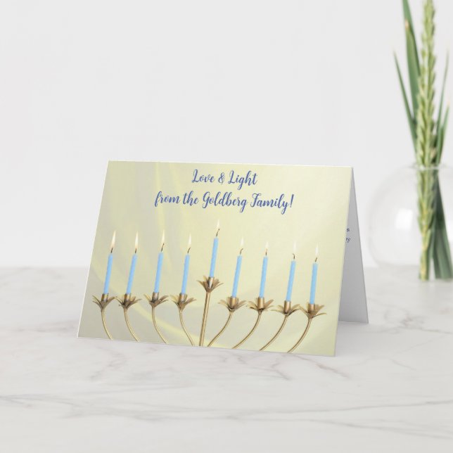 Cartes Pour Fêtes Annuelles Hanoukka Gold Menorah et bougies "Amour et Lumière (Devant)