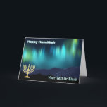 Cartes Pour Fêtes Annuelles Hanoukka heureuse - Aurora Borealis<br><div class="desc">Chanukkah salutations du Frozen Chosen. Un rendu fractal multicolore des aurores boréales,  ou aurores boréales,  superposé sur une peinture numérique de montagnes enneigées. Une menorah Chanukkah apparaît avec le texte "Hanoukka heureuse". Ajoutez votre propre texte supplémentaire.</div>