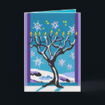 Cartes Pour Fêtes Annuelles Hanoukka hivernal<br><div class="desc">Hanoukka tombe souvent en hiver, juste comme les premiers flocons de neige tombent doucement par le ciel. Les gens allument la lampe de Hanoukka par une fenêtre, avec une vue du ciel de nuit. Cette carte montre une lampe de Hanoukka, formée comme neige-couvert, nu-s'est embranchée arbre, placé avant une fenêtre....</div>