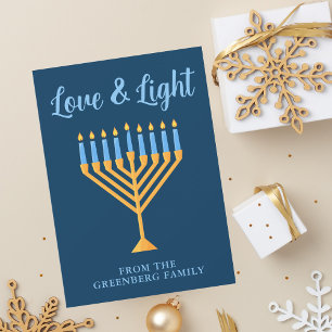 Cartes Pour Fêtes Annuelles Hanoukka Love & Light Custom Menorah Blue Gold
