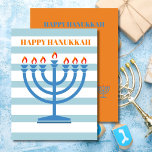 Cartes Pour Fêtes Annuelles Hanoukka Menorah Modern Blue Grey Card<br><div class="desc">Changez vos souhaits Hanoukka avec ce design moderne rayé Menorah. Toujours dans les couleurs traditionnelles de saison. La Menorah bleue est orangée de flammes. Blues et oranges. Il y a de la place pour votre message de vacances sur le dos avec le mot "Amour et lumière" qui peut être supprimé...</div>