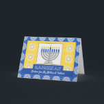 Cartes Pour Fêtes Annuelles Hanoukka Menorah pour Parents Star de David Motif<br><div class="desc">Une menorah d'argent avec des bougies bleues sur un arrière - plan orné décore la couverture de cette carte Happy Hanoukka pour les parents. Modifiez le texte de la couverture pour un accueil personnalisé. La carte a un aspect mosaïque de la texture de carreaux. Copyright © Shoaff Ballanger Studios, 2023....</div>