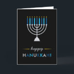 Cartes Pour Fêtes Annuelles Hanoukka moderne noir avec Menorah argent et bleu<br><div class="desc">Cette carte Hanoukka moderne et élégante dispose d'une Menorah argentée avec des bougies bleues et turquoise et des flammes d'or jaune,  sur un arrière - plan noir.</div>