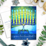 Cartes Pour Fêtes Annuelles Hanoukka moderne Script bleu vert Menorah élégant<br><div class="desc">"Paix, Amour, Hanoukka". Une photo de fond illustrant une menorah d'artsy bleu, colorée et brillante sur un arrière - plan bleu marine texturé vous aide à inaugurer les vacances de Hanoukka. Sentez la chaleur et la joie de la saison des Fêtes chaque fois que vous envoyez cette carte postale de...</div>