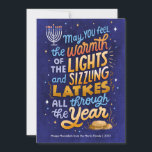 Cartes Pour Fêtes Annuelles Hanoukka non photo Light et Latkes<br><div class="desc">Non-carte photo,  avec,  un sentiment Hanoukka brillant et coloré,  écrit à la main,  avec des loquets et des lumières de la menorah. L'envers a un motif de coordination et des photos de famille peuvent être ajoutés.</div>