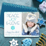 Cartes Pour Fêtes Annuelles Hanoukka Photo Paix Joie Amour Flocon de neige Mod<br><div class="desc">"Paix, joie et amour." Une illustration ludique, ludique, flocon de neige et une typographie moderne sur un arrière - plan blanc vous aident à inaugurer la saison Hanoukka, avec la photo personnalisée de votre choix. Des points confettis en feuille turquoise faux encadrent la carte. Sentez la chaleur et la joie...</div>