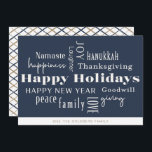 Cartes Pour Fêtes Annuelles Hanoukka salue Holiday Marine Gold<br><div class="desc">Collage des salutations de vacances,  Joyeuses Fêtes,  Hanoukka,  Nouvel An,  Bonne Volonté,  Rire,  Bonheur,  Namaste,  Joie,  Paix,  Amour,  Action de grâces,  Famille,  & Dons. Customisez avec votre nom et votre année.</div>