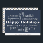 Cartes Pour Fêtes Annuelles Hanoukka salue Holiday Marine Gold<br><div class="desc">Collage des salutations de vacances,  Joyeuses Fêtes,  Hanoukka,  Nouvel An,  Bonne Volonté,  Rire,  Bonheur,  Namaste,  Joie,  Paix,  Amour,  Action de grâces,  Famille,  & Dons. Customisez avec votre nom et votre année.</div>